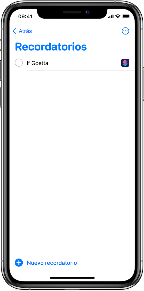 La app Recordatorios mostrando el nuevo recordatorio del atajo