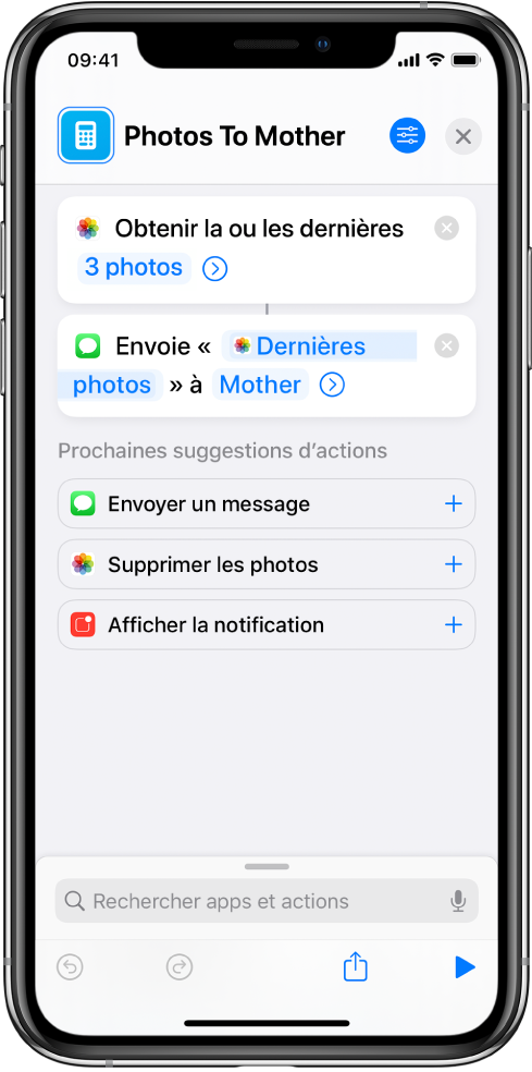 Un raccourci contenant l’action « Obtenir les dernières photos » et l’action « Envoyer le message ».