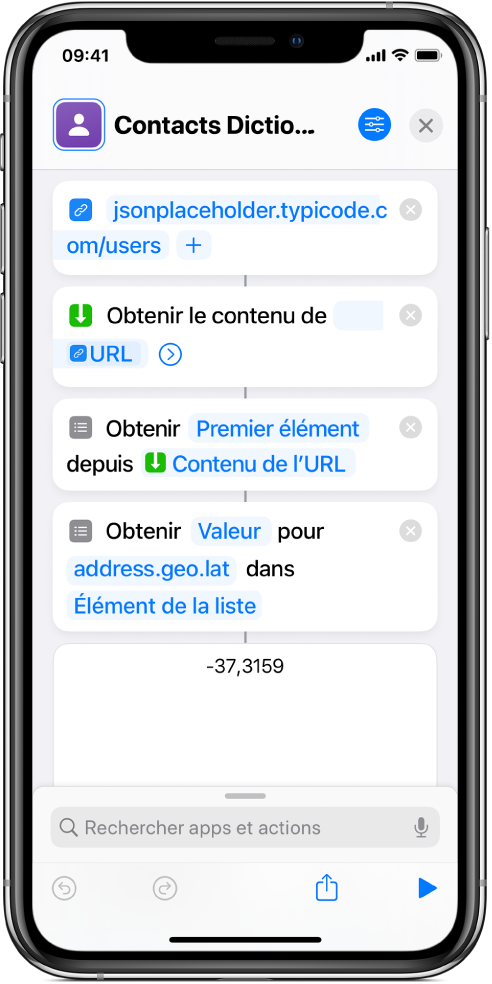 Action « Obtenir la valeur du dictionnaire » dans l’éditeur de raccourcis avec la clé définie sur « address.geo.lat ».