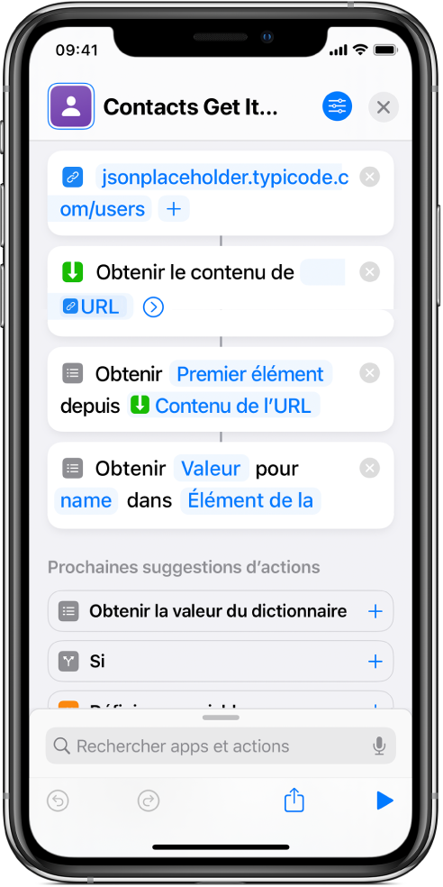 Action « Obtenir la valeur du dictionnaire » dans l’éditeur de raccourcis avec la clé définie sur « name ».