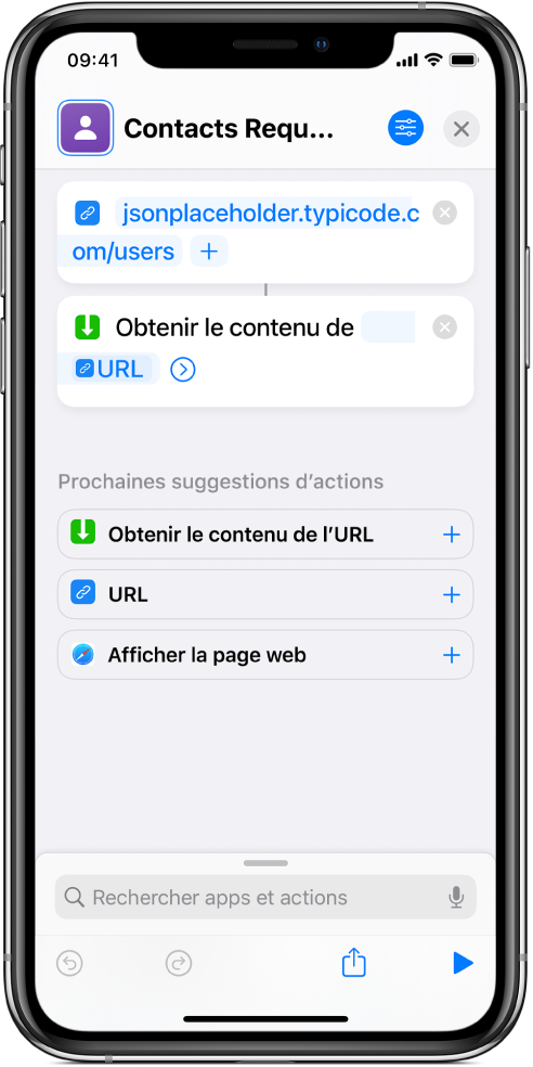 Requête API qui contient une action d’URL pointant vers le point de terminaison de l’API, suivie d’une action « Obtenir le contenu de l’URL ».