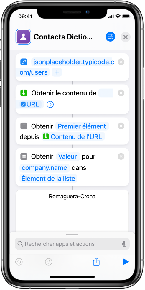 Action « Obtenir la valeur du dictionnaire » dans l’éditeur de raccourcis avec la clé définie sur « company.name ».