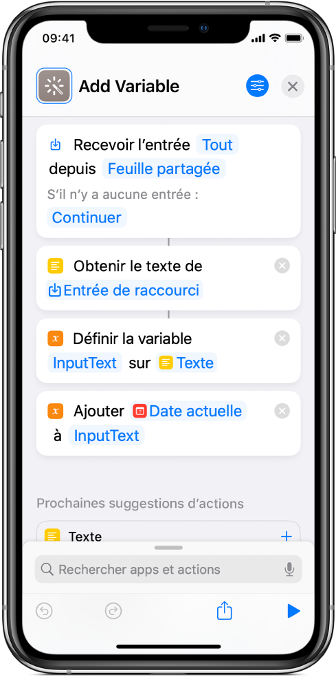 Actions Définir la variable et Ajouter à la variable dans l’éditeur de raccourci.