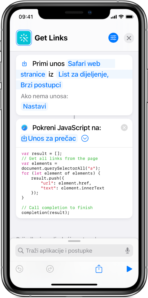 Postupak Pokreni JavaScript na web stranici u uredniku prečaca.