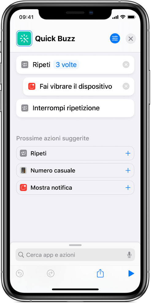 Azione “Fai vibrare il dispositivo” impostata per ripetersi 3 volte.