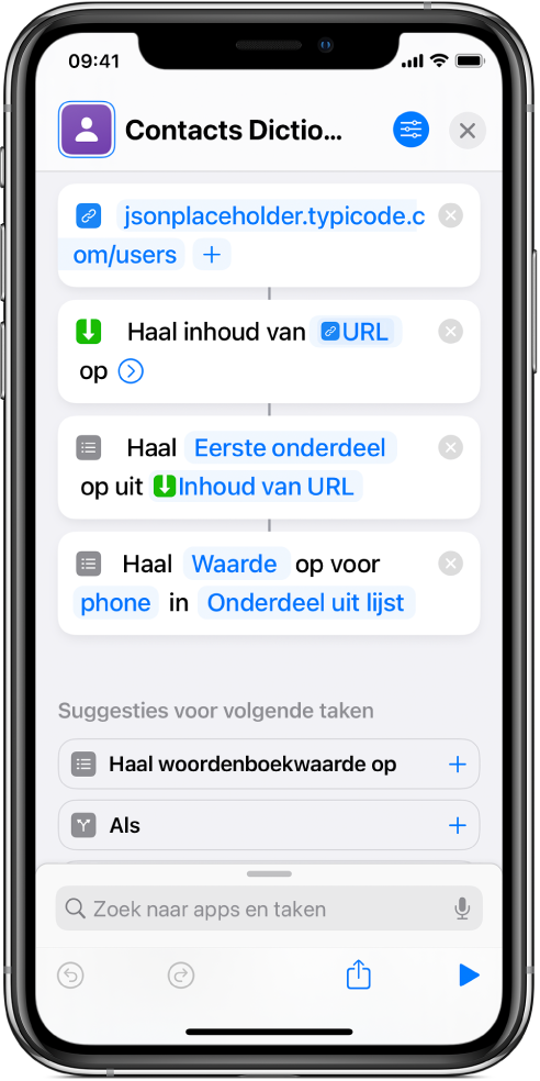 De taak 'Haal woordenboekwaarde op' in de opdrachteneditor met de sleutel ingesteld op "phone".