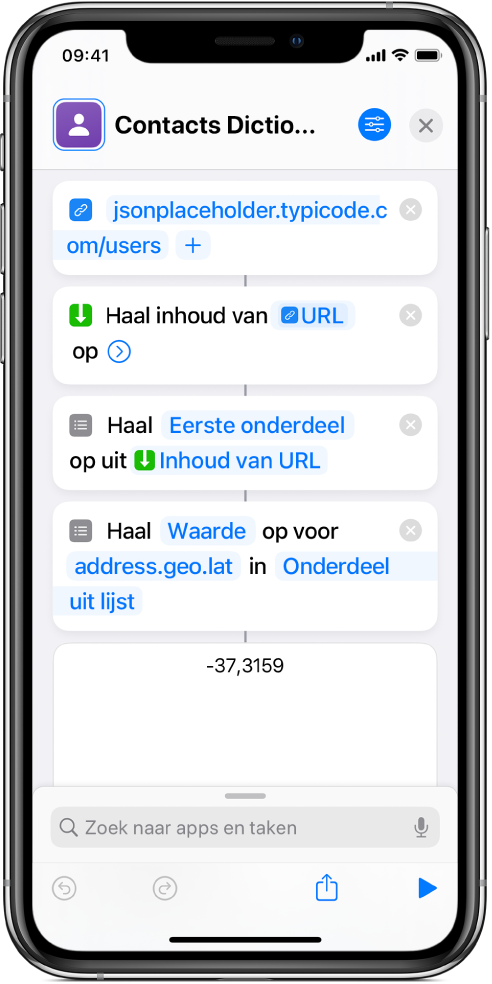 De taak 'Haal woordenboekwaarde op' in de opdrachteneditor met de sleutel ingesteld op "address.geo.lat".