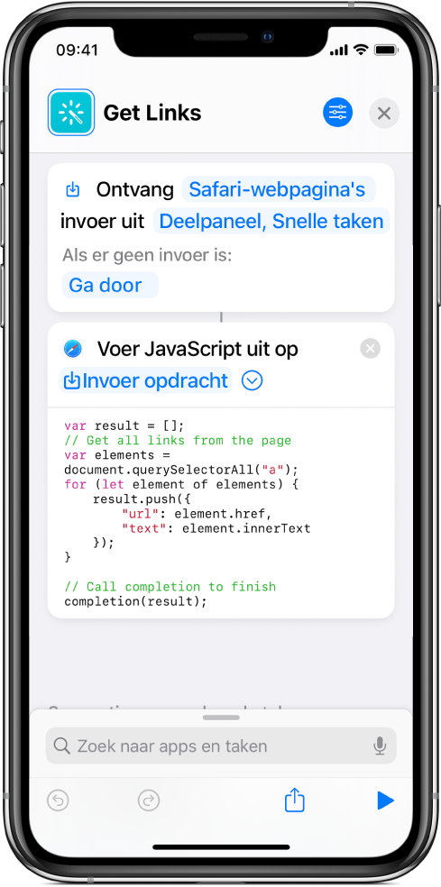 De taak 'Voer JavaScript uit op webpagina' in de opdrachteneditor.