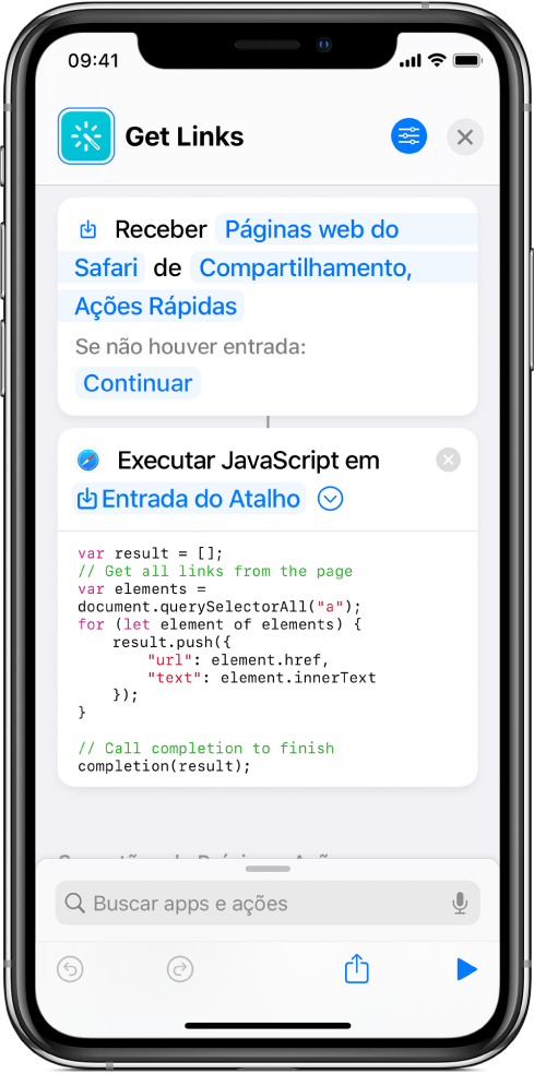 A ação “Executar JavaScript na Página Web” no editor de atalhos.