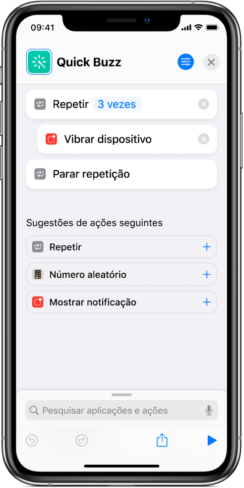 Ação "Vibrar dispositivo" definida para repetir três vezes.