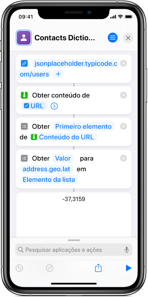 Ação “Obter valor do dicionário” no editor de atalhos com a chave definida como address.geo.lat.