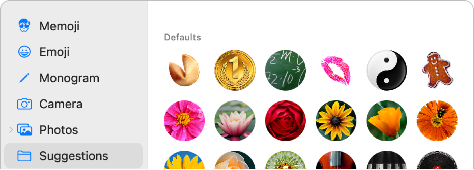 The Apple ID picture dialogue with Suggestions selected in the sidebar and suggested pictures shown on the right.