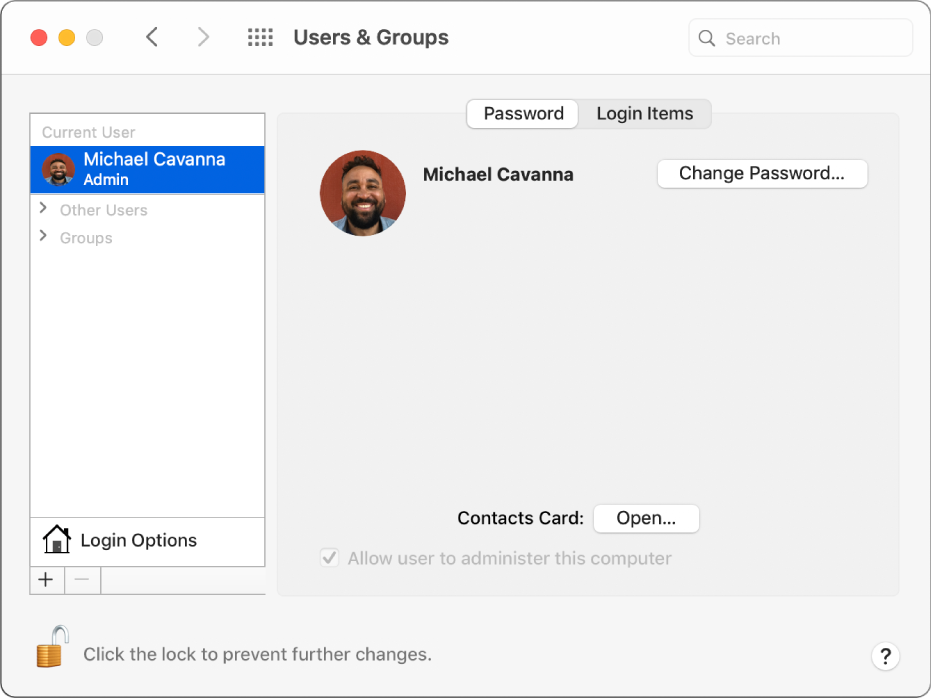 The User & Groups preference pane showing the user picture.