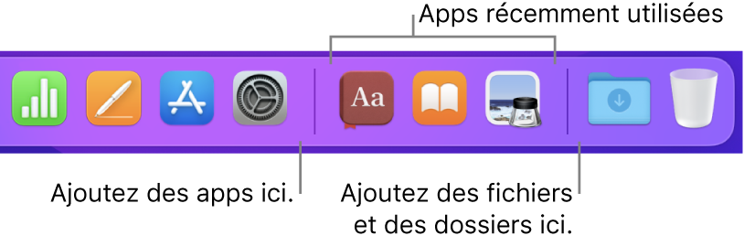 L’extrémité droite du Dock affichant les lignes de séparation avant et après la section des apps récemment utilisées.