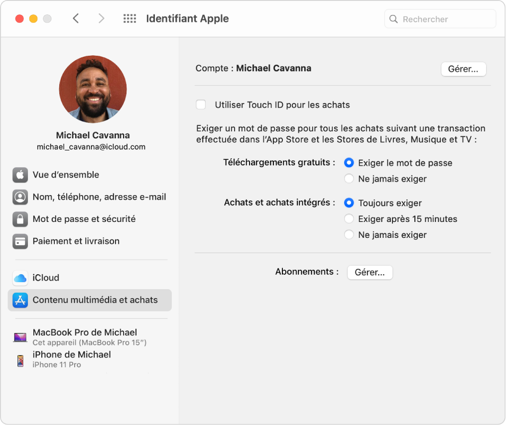 Préférences « Identifiant Apple » montrant une barre latérale de différents types d’options de compte que vous pouvez utiliser et les préférences « Contenu multimédia et achats » pour un compte existant.