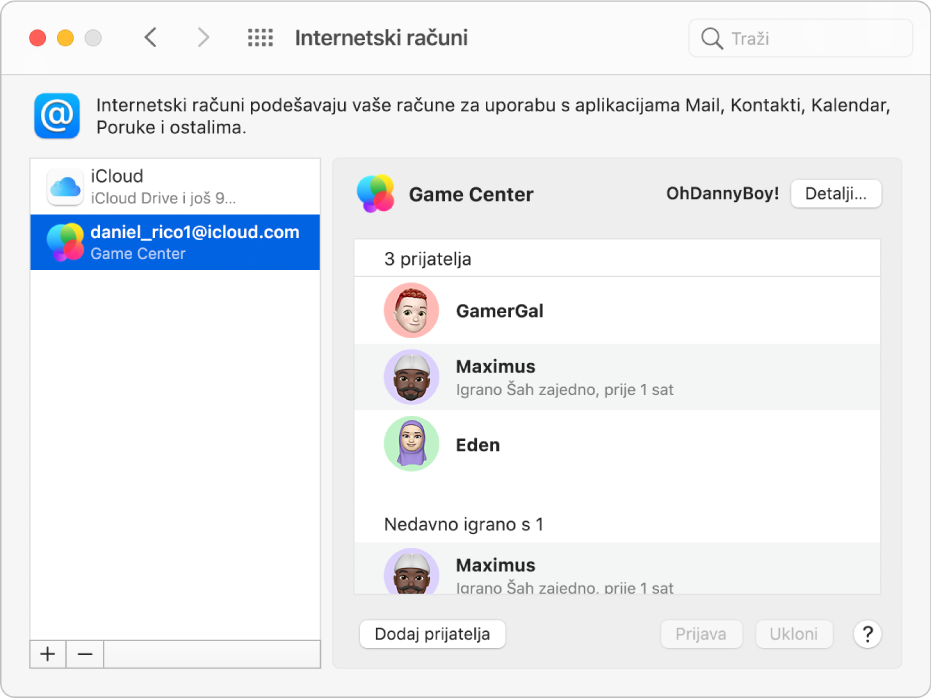 Račun aplikacije Game Center odabran u Internetskim računima, s prijateljima za igru na popisu s desne strane.
