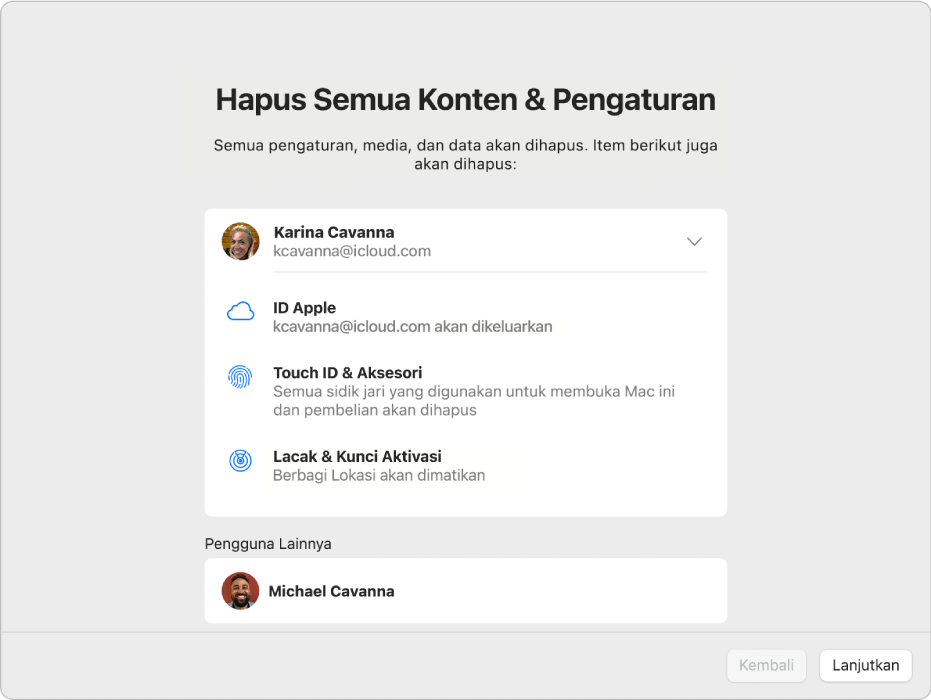 Panel Hapus Semua Konten dan Pengaturan pada Asisten Penghapusan. Panah sebelah kanan akun pengguna saat ini telah diklik untuk menampilkan item tambahan yang akan dihapus, seperti semua sidik jari yang digunakan untuk membuka Mac dan pembelian. Di bawah akun pengguna saat ini, akun pengguna kedua yang akan dihapus ditampilkan.