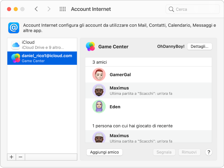 Un account Game Center in Account Internet, con gli amici di gioco elencati sulla destra.