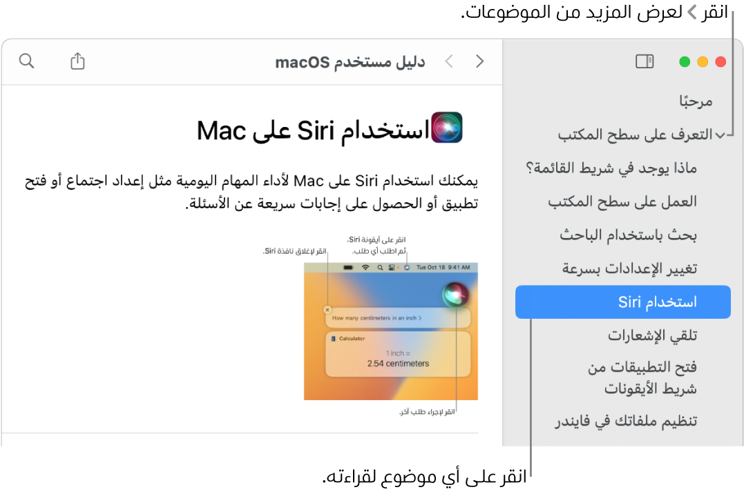 عارض المساعدة يعرض كيفية عرض الموضوعات المدرجة في الشريط الجانبي وكيفية عرض محتوى أحد الموضوعات.
