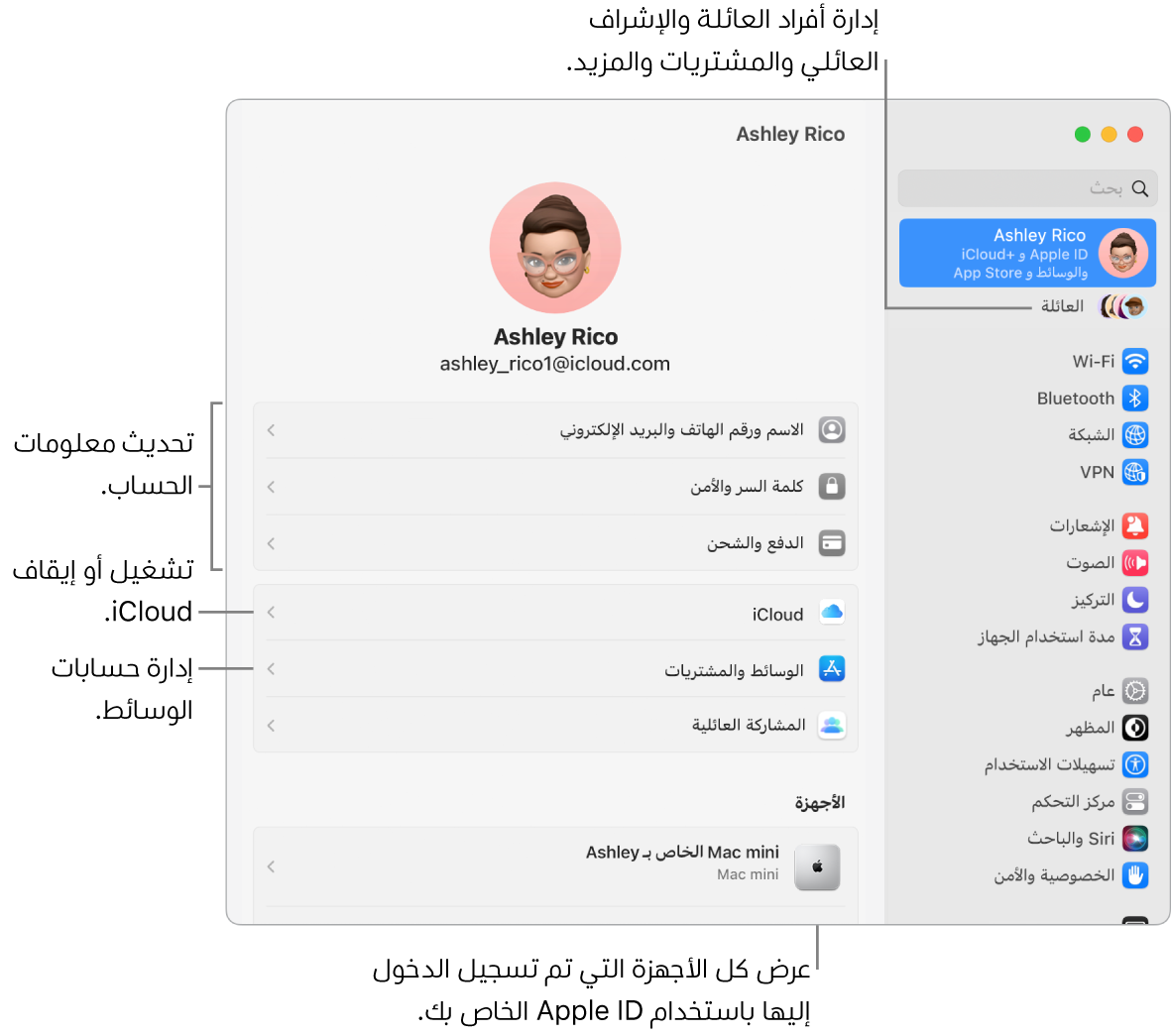 إعدادات Apple ID في إعدادات النظام بها وسائل شرح لتحديث معلومات الحساب، وتشغيل ميزات iCloud أو إيقافها، وإدارة حسابات الوسائط، والعائلة، حيث يمكنك إدارة أفراد العائلة والإشراف العائلي والمشتريات والمزيد.