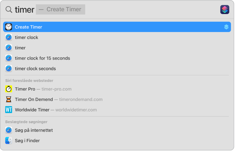 En Spotlight-søgning på “tidtagning”, der viser resultater til at bruge den hurtige handling til at oprette en tidtagning.