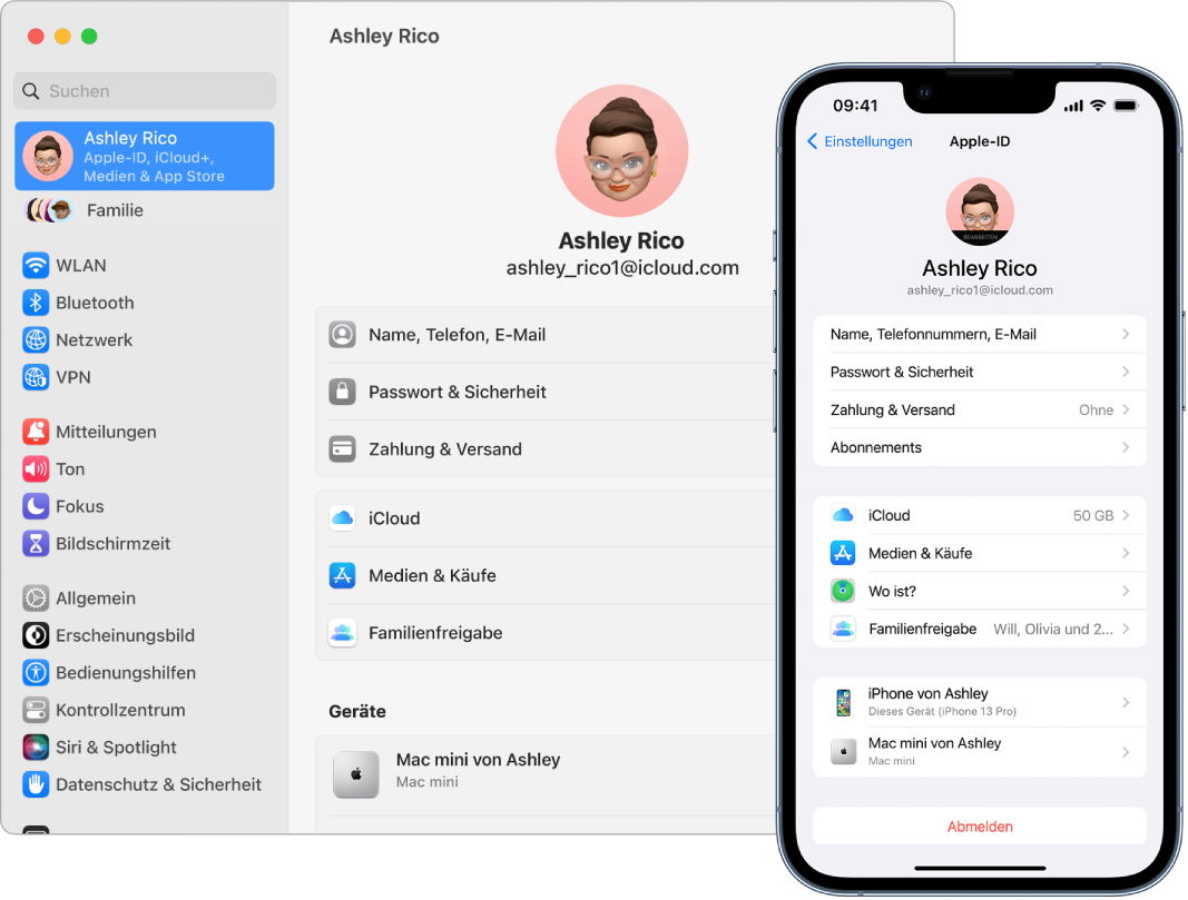 Einstellungen „iCloud“ auf einem iPhone und Mac.