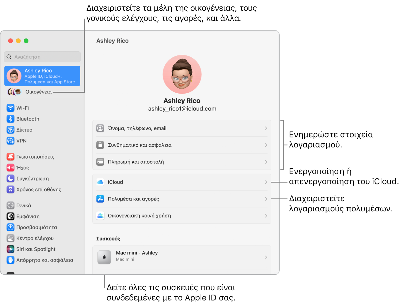 Οι ρυθμίσεις Apple ID στις Ρυθμίσεις συστήματος με επεξηγήσεις για ενημέρωση των στοιχείων λογαριασμού, ενεργοποίηση ή απενεργοποίηση δυνατοτήτων iCloud, διαχείριση λογαριασμών πολυμέσων, και η Οικογένεια όπου μπορείτε να διαχειριστείτε τα μέλη οικογένειας, τον γονικό έλεγχο, τις αγορές και πολλά άλλα.