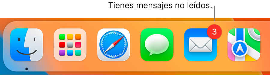 Una parte del Dock mostrando el ícono de la app Mail con un indicador que muestra la cantidad de mensajes no leídos.