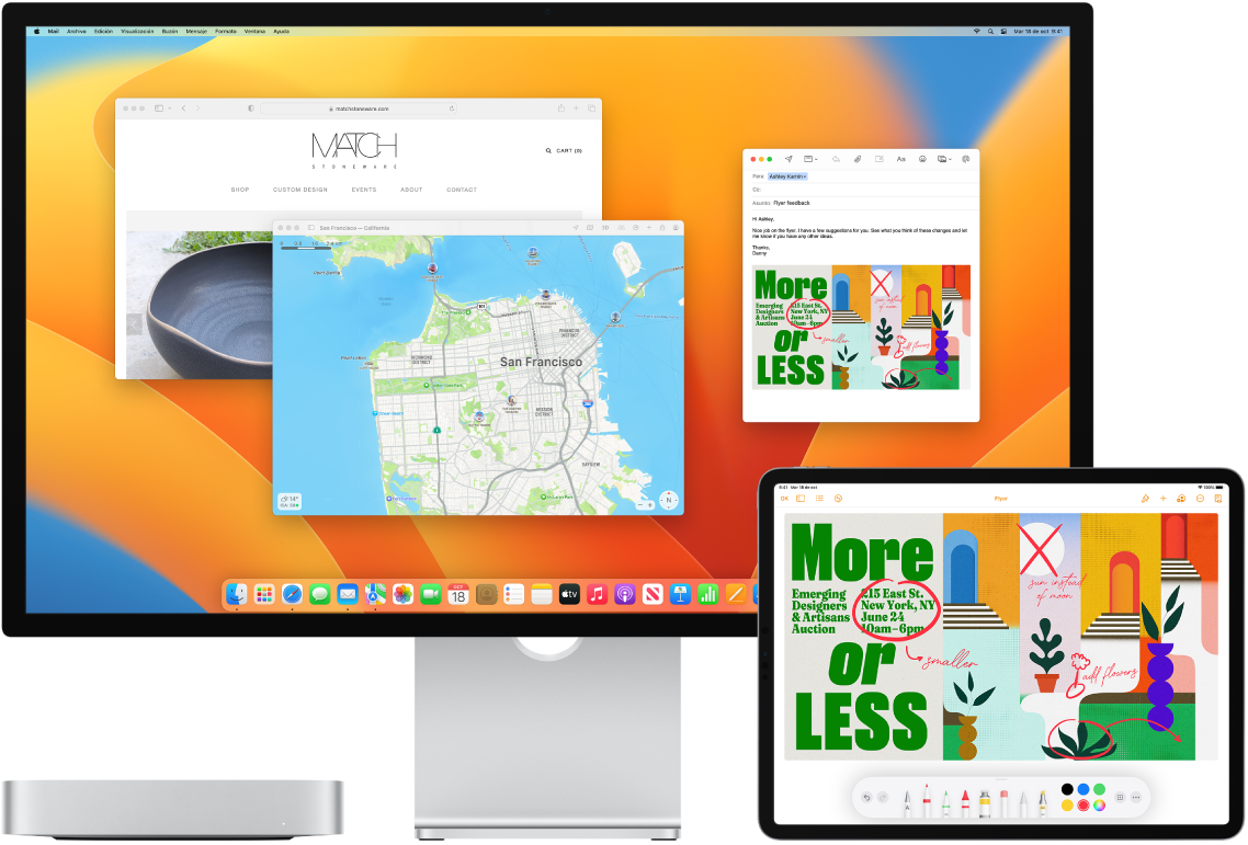 Se muestra una Mac mini junto a un iPad. La pantalla del iPad muestra un anuncio con anotaciones. La pantalla de la Mac mini tiene un correo de Mail con el diseño del volante con anotaciones del iPad en forma de archivo adjunto.