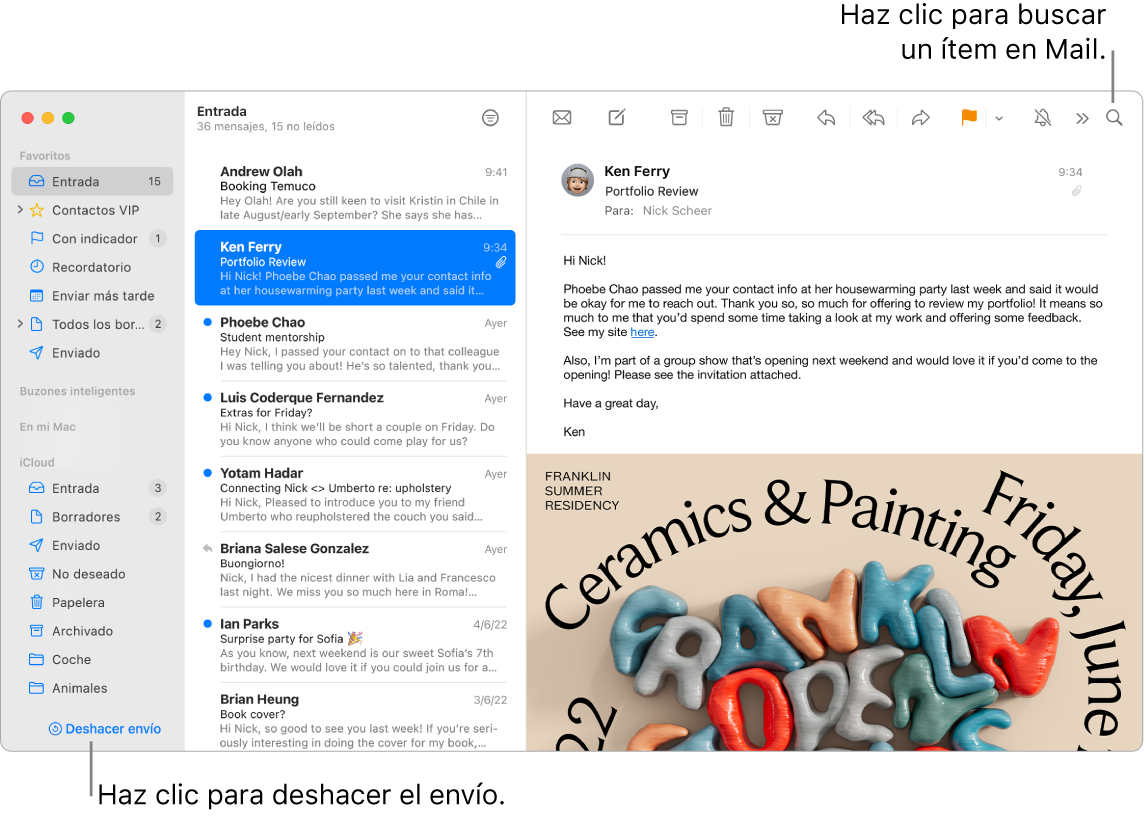 Ventana de Mail con las carpetas Favoritos, “Buzones inteligentes” y iCloud en la barra lateral de la izquierda, la lista de mensajes junto a la barra lateral y el contenido del mensaje seleccionado a la derecha.