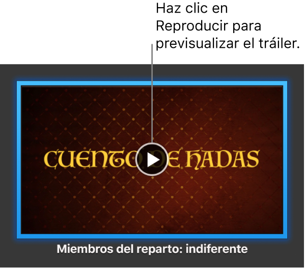 La pantalla de tráiler de iMovie donde se muestra el botón Reproducir.