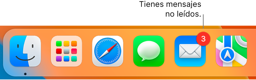 Sección del Dock donde se muestra el icono de la app Mail con un indicador que señala los mensajes no leídos.