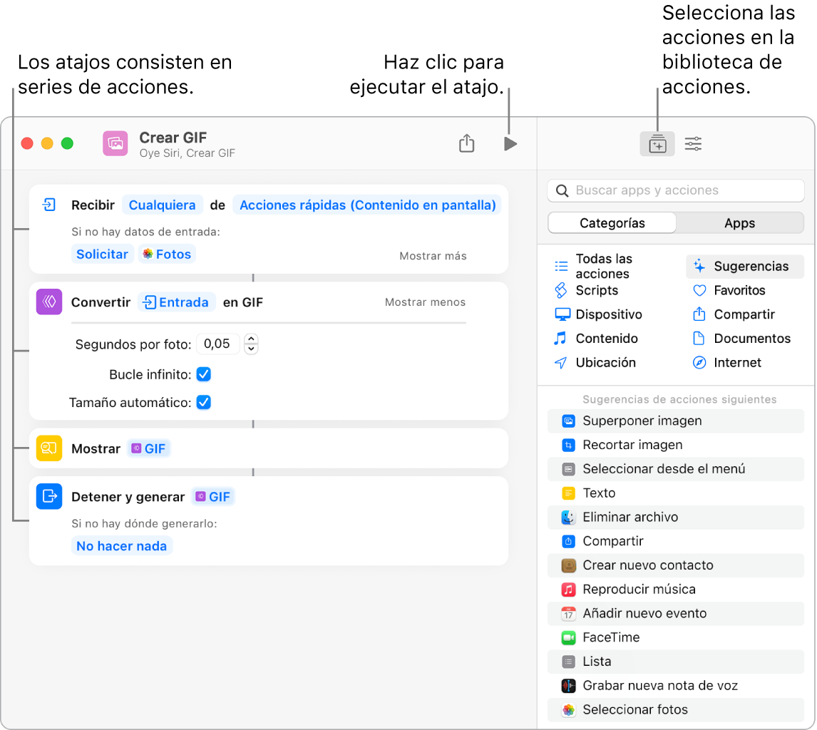 El editor de atajos “Crear GIF” a la izquierda y la biblioteca de acciones a la derecha.