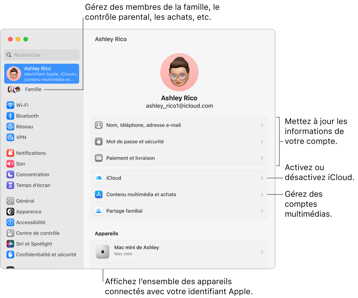 Réglages de l’identifiant Apple dans « Réglages Système » avec des légendes pour la mise à jour des informations du compte, l’activation ou la désactivation des fonctionnalités iCloud, la gestion des comptes multimédias, et Famille, où vous pouvez gérer les membres de votre famille, les contrôles parentaux, les achats, et plus encore.