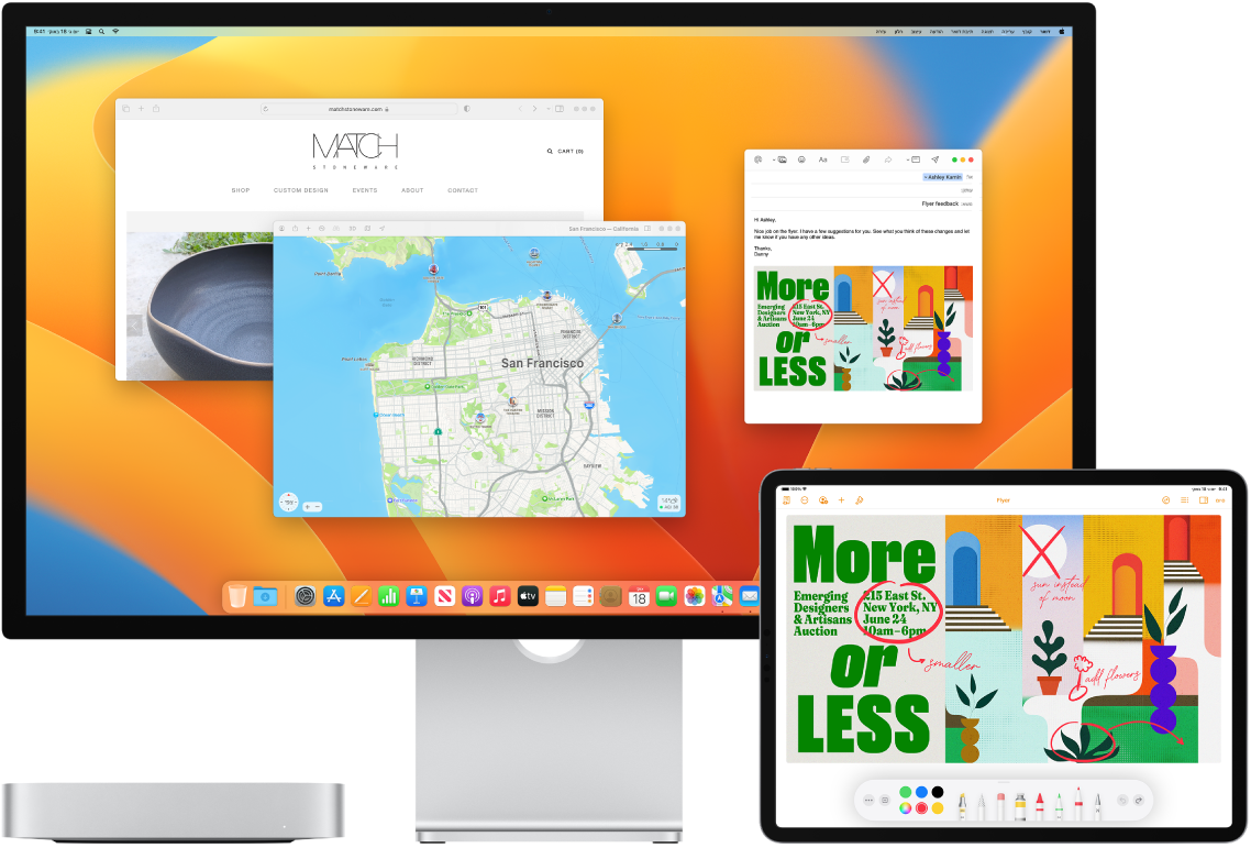 ‏Mac mini ו‑iPad מוצגים זה ליד זה. מסך ה‑ iPad מציג עלון עם סימונים. מסך ה-Mac mini מציג הודעת דוא״ל ובה העלון המסומן מה‑iPad, המופיע כקובץ מצורף.