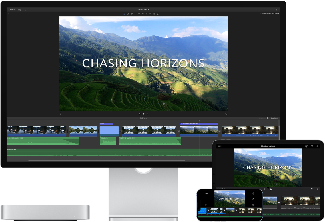 Azonos tartalom megjelenítve egy Mac minin, egy iPaden és egy iPhone-on.