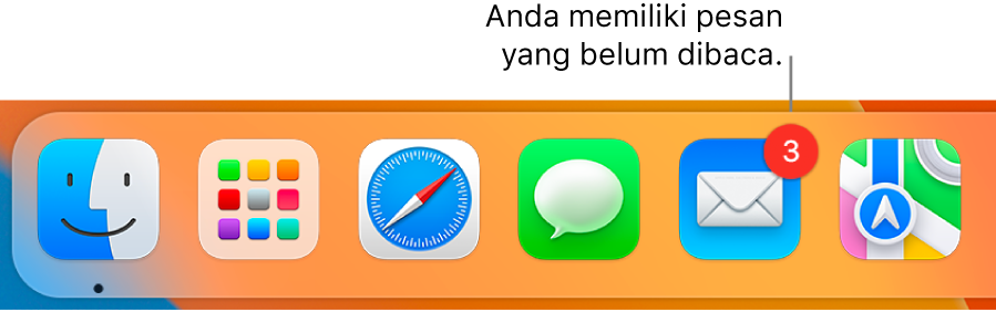 Satu bagian di Dock menampilkan ikon app Mail, dengan tanda yang mengindikasikan pesan belum dibaca.