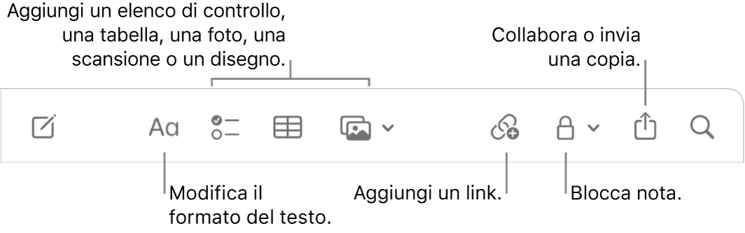 La barra degli strumenti di Note con didascalie per gli strumenti formato di testo, elenco di controllo, tabella, link, foto/media, blocco, condivisione e invio di una copia.