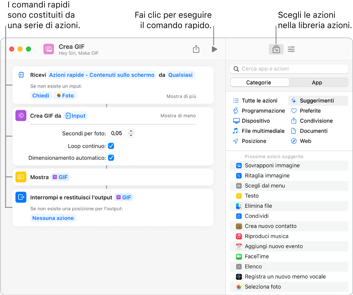 L'editor del comando rapido “Crea GIF” a sinistra e la libreria di azioni a destra.