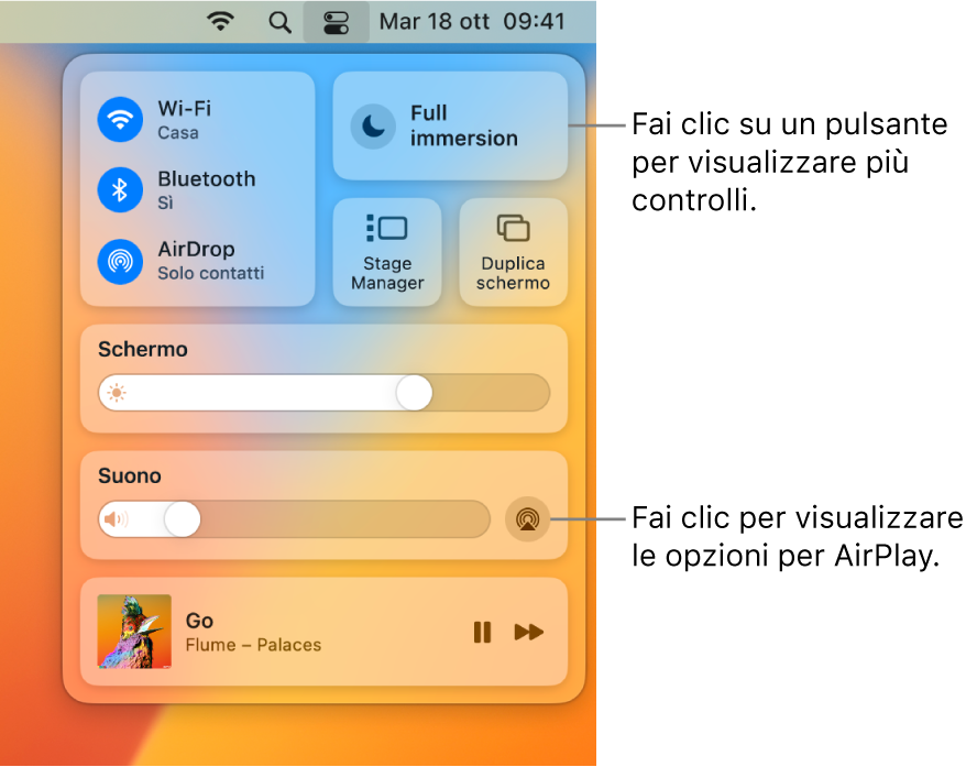 Vista ingrandita di Centro di Controllo sul Mac.
