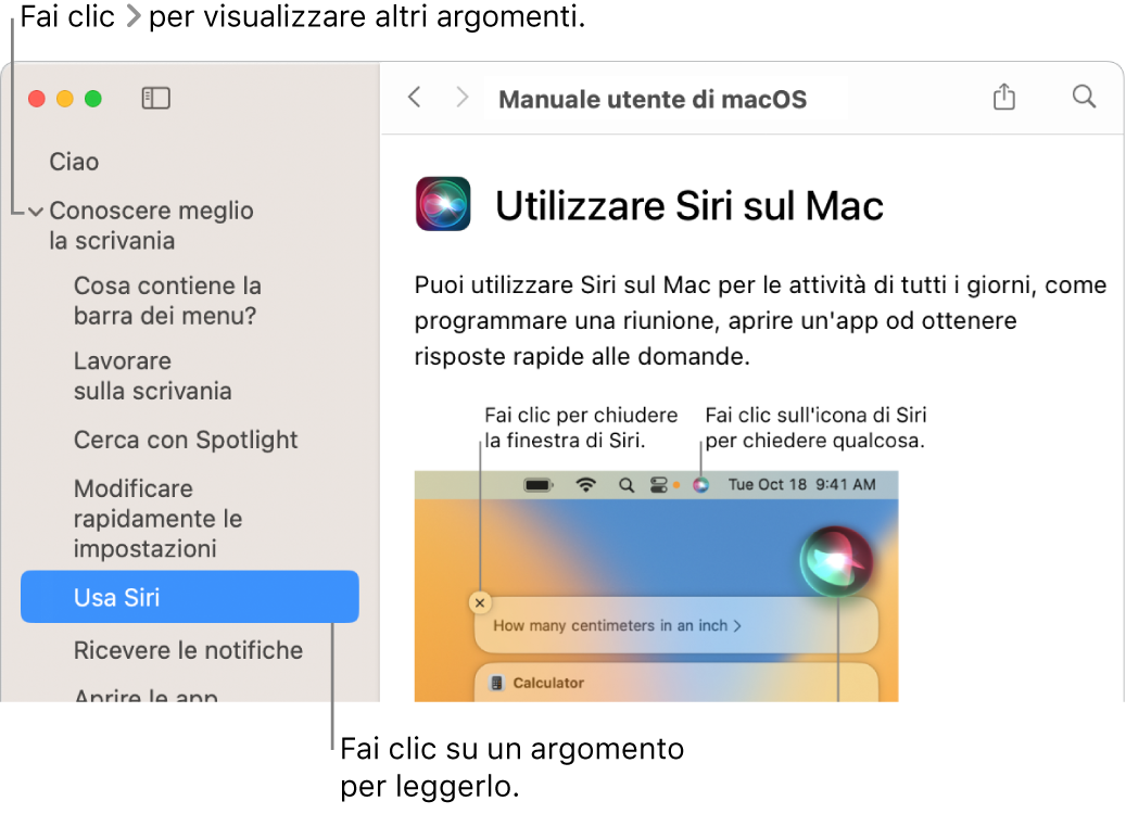 Visore di Aiuto che mostra come visualizzare gli argomenti elencati nella barra laterale e il contenuto di un argomento.