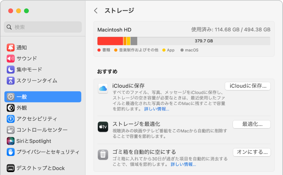 ストレージの「おすすめ」設定。「iCloudに保存」、「ストレージを最適化」、「ゴミ箱を自動的に空にする」の各オプションが表示されています。