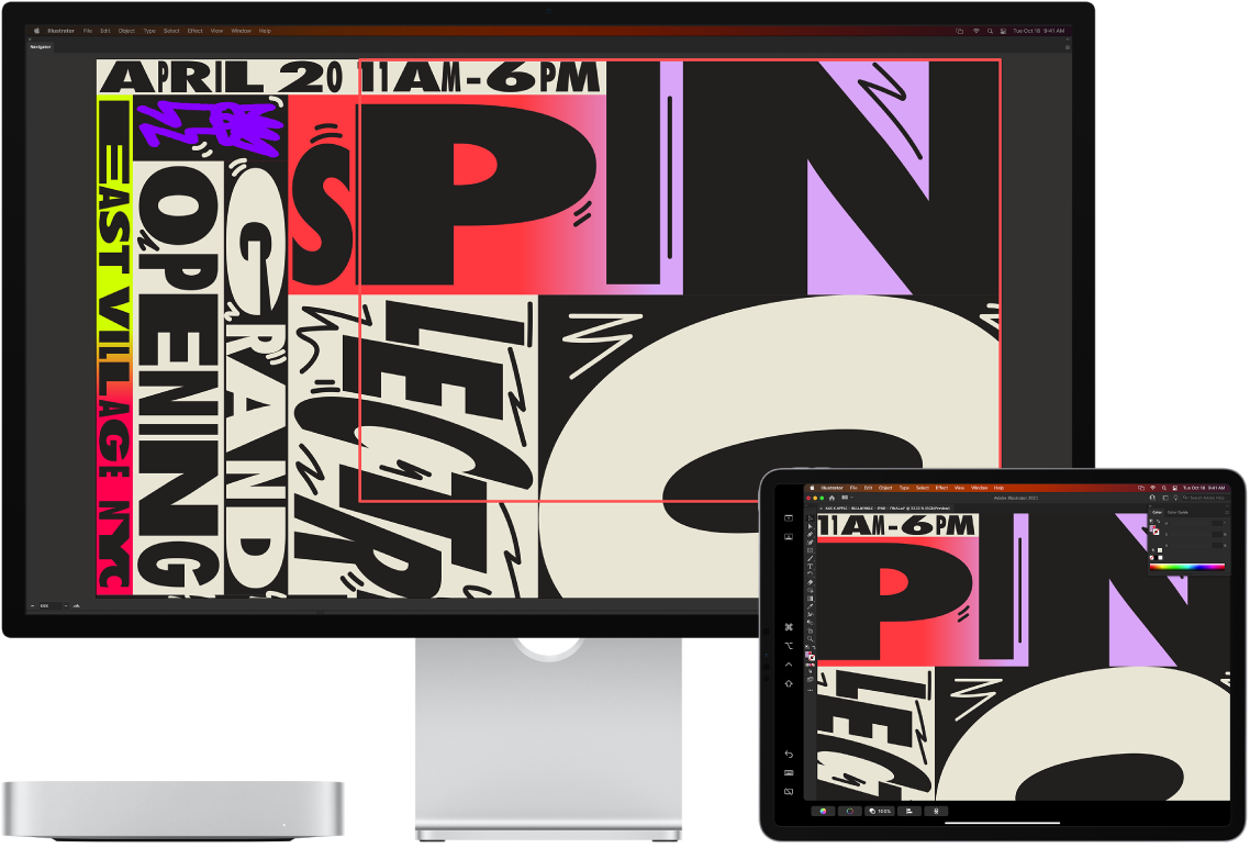 Mac mini және iPad қатар орналасады. Mac mini суретті иллюстратордың шарлағыш терезесінің ішінде көрсетеді. iPad иллюстратордың құжат терезесінде құралдар тақталарымен қоршалған бірдей суретті көрсетеді.