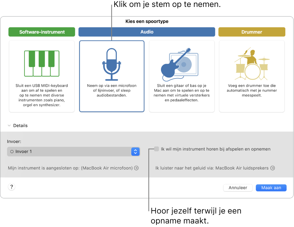 Het paneel met instrumenten van GarageBand waarin je ziet waar je moet klikken om een stem op te nemen en hoe je jezelf kunt horen wanneer je een opname maakt.