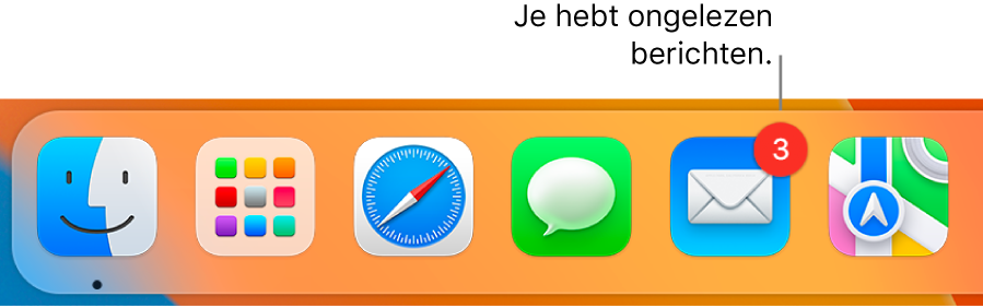 Een gedeelte van het Dock met daarin het appsymbool van Mail, met een badge die ongelezen berichten aangeeft.