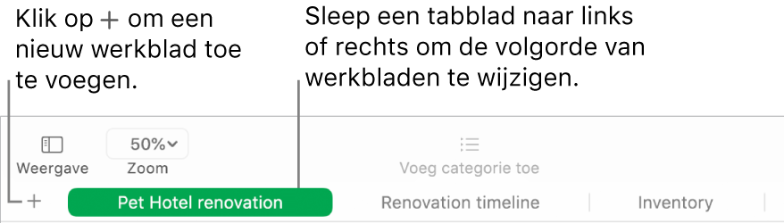 Een Numbers-venster waarin je ziet hoe je een nieuw werkblad toevoegt en hoe je de volgorde van werkbladen wijzigt.