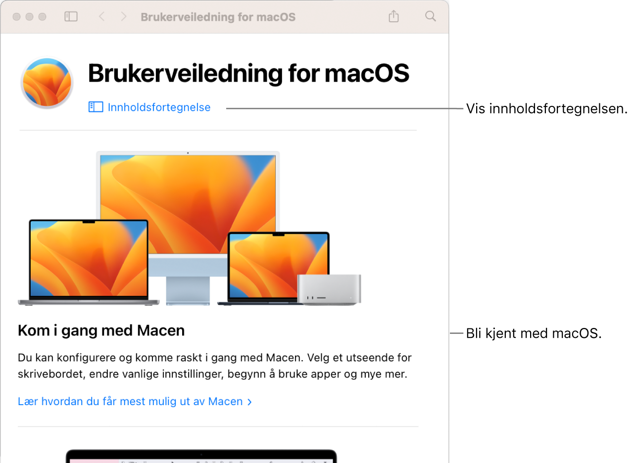 Velkomstsiden i Brukerveiledning for macOS som viser Innholdsfortegnelse-lenken.