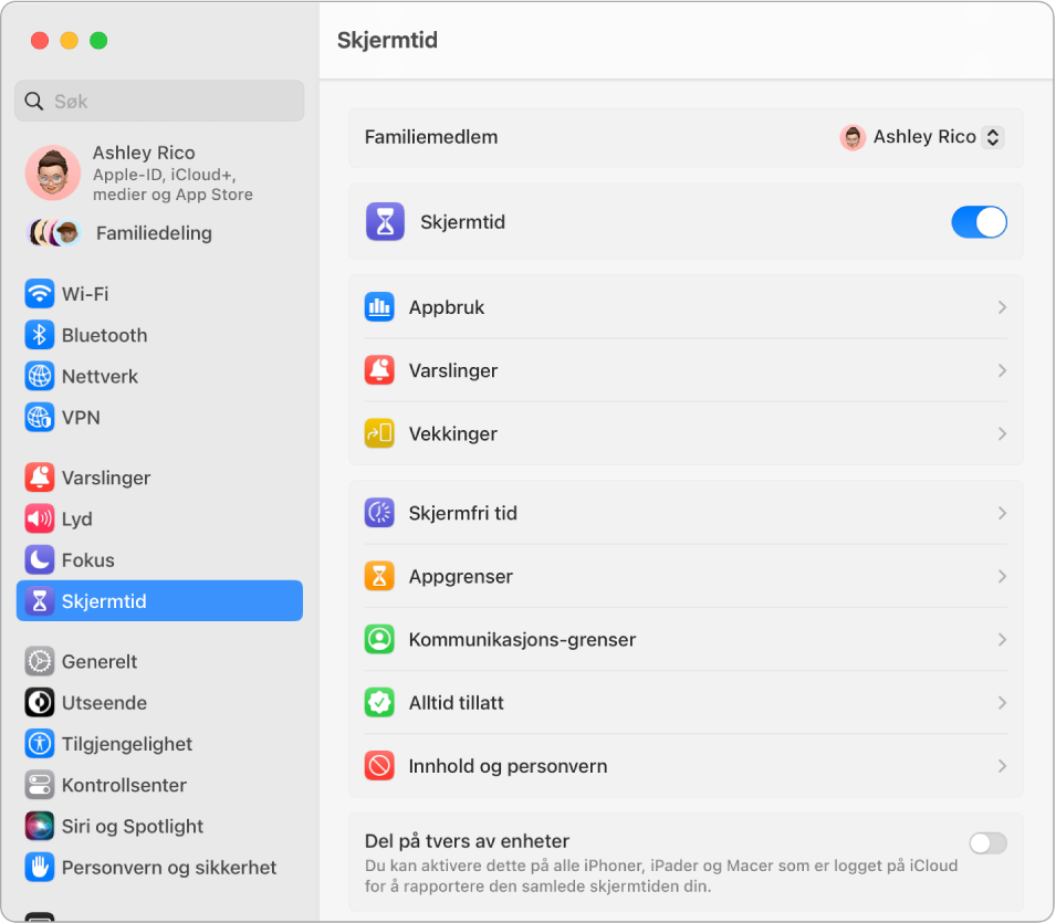  Vindu som viser Skjermtid-innstillinger og valg for å se Appbruk, Varslinger eller Vekkinger, og alternativer for å administrere Skjermtid, for eksempel planlegge Skjermfri tid, angi app- og kommunikasjonsgrenser og mer.