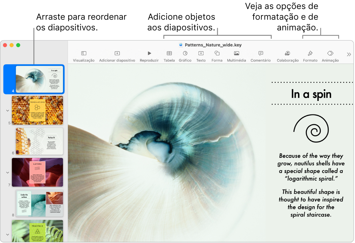 Uma janela do Keynote a mostrar o navegador de diapositivos à esquerda e como reordenar diapositivos, a barra de ferramentas e as respetivas ferramentas de edição na parte superior, o botão Colaborar na parte superior direita e os botões Formato e Animação à direita.