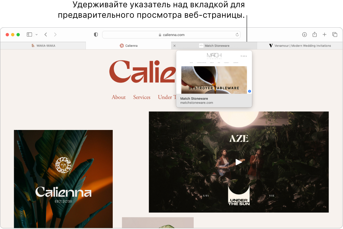 В окне Safari открыта страница с заголовком «Calienna» и еще 3 вкладки. Выноской показана миниатюра вкладки «Match Stoneware» и подсказка: «Наведите указатель на вкладку, чтобы увидеть миниатюру веб-страницы».